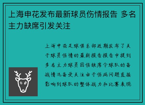 上海申花发布最新球员伤情报告 多名主力缺席引发关注